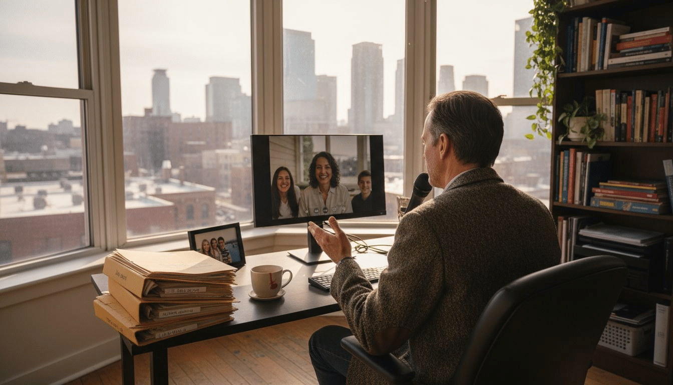 Therapist in corner office video calling client