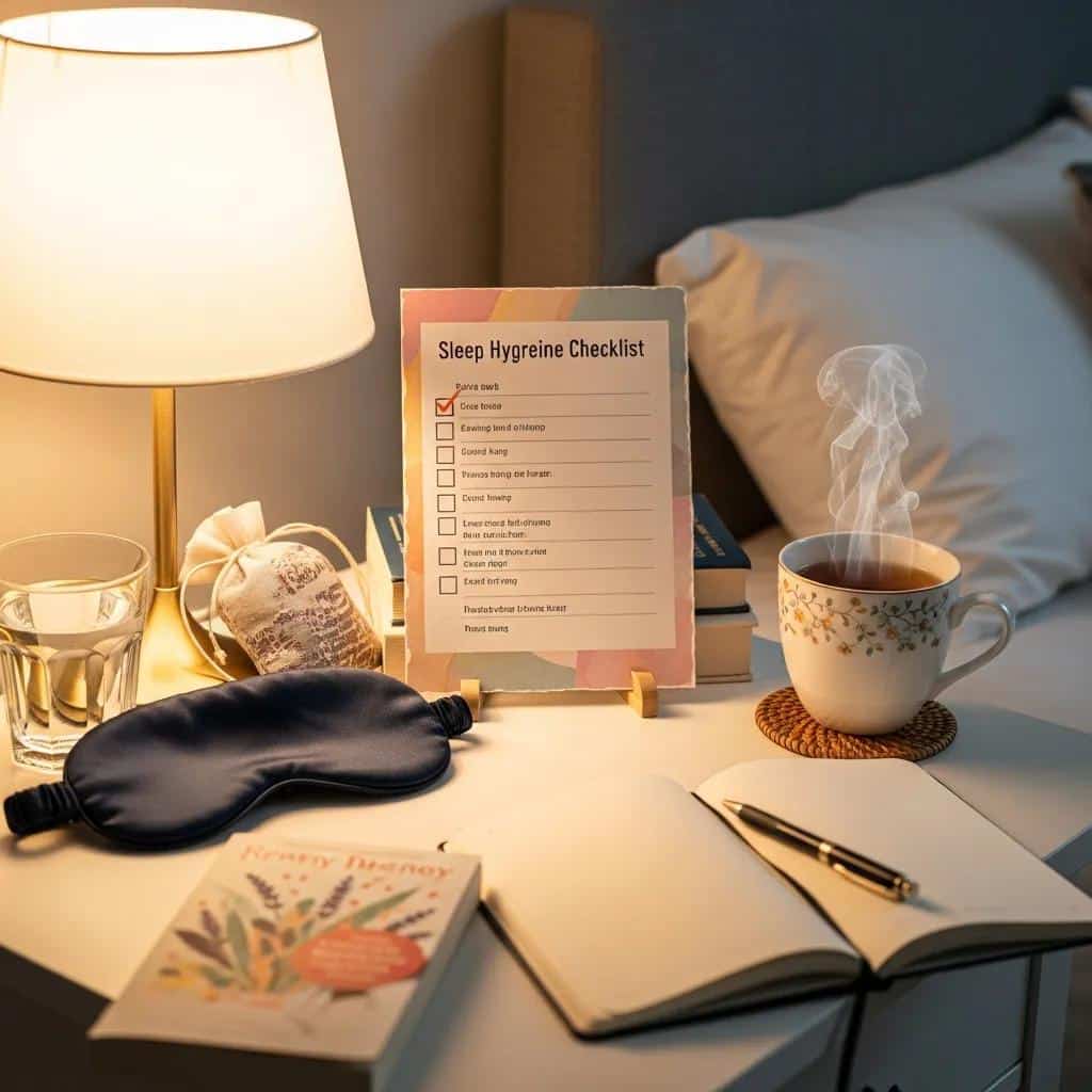 Bedside checklist with practical sleep hygiene items for better rest