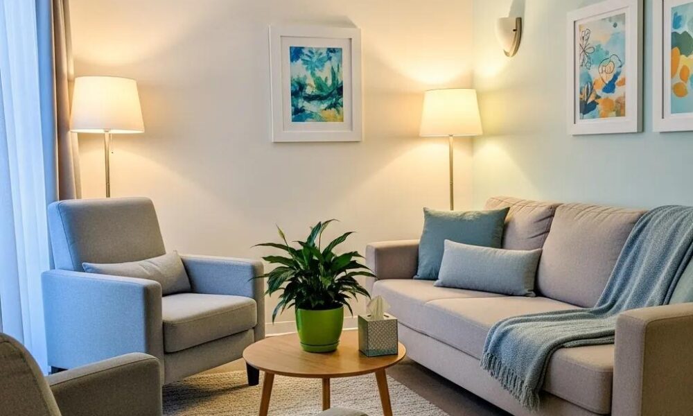 Therapy room designed for EMDR sessions, featuring a couch, calming decor, and soft lighting