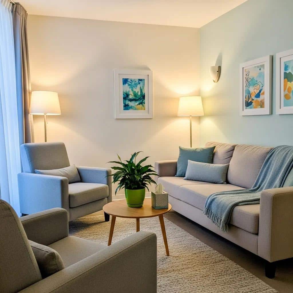 Therapy room designed for EMDR sessions, featuring a couch, calming decor, and soft lighting