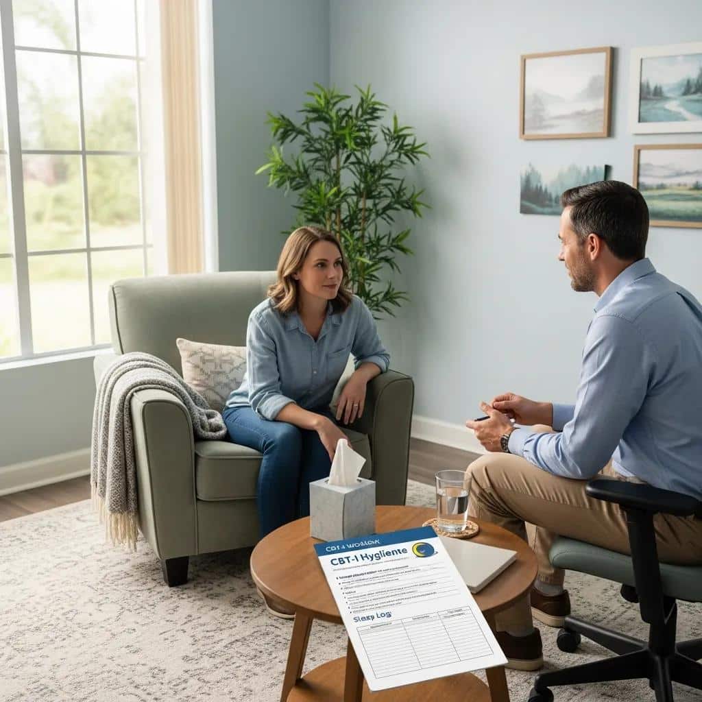 Therapist and client discussing sleep strategies in a calm clinical setting