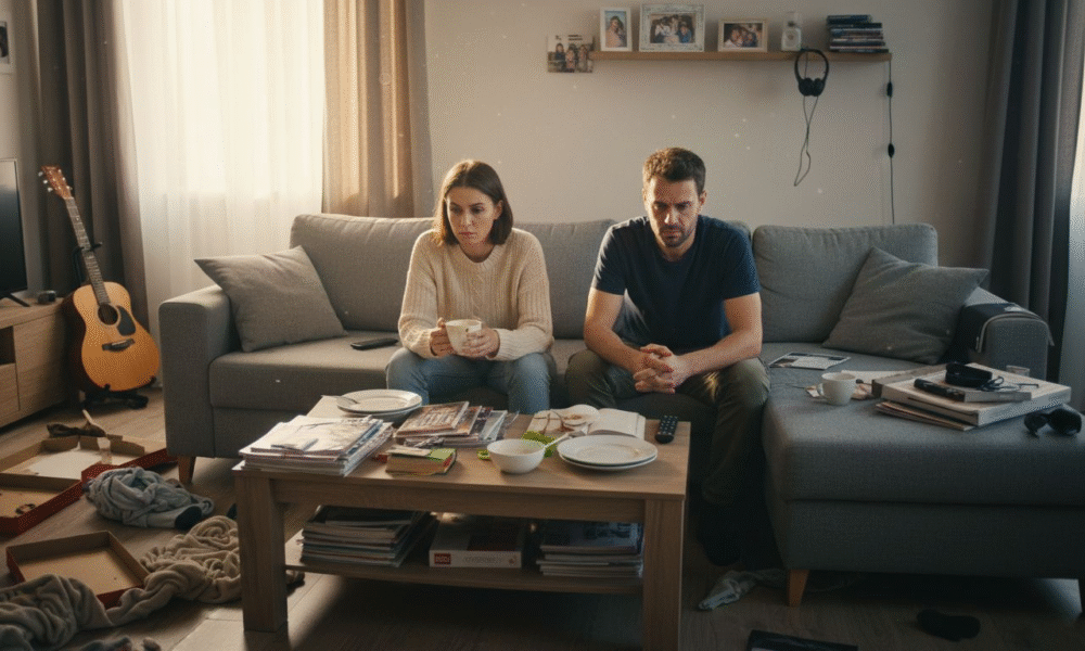 Pareja sentada en un sof&aacute;, con expresiones de tensi&oacute;n, rodeada de desorden en la sala, simbolizando crisis matrimoniales y dificultades en la comunicaci&oacute;n.