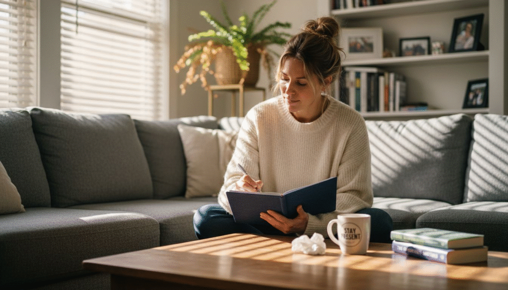 Woman sitting on a couch, writing in a notebook, with a coffee mug labeled "STAY PRESENT" and books on a table, in a cozy living room setting, reflecting themes of mental health and self-reflection.
