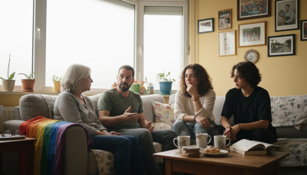 Group therapy session with diverse individuals discussing mental health, featuring a rainbow flag, coffee cups, and a cozy living room setting.