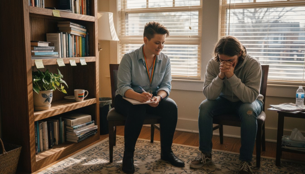 Therapist engaging with client in a cozy office setting, discussing mental health issues, surrounded by books and plants, emphasizing psychotherapy services.