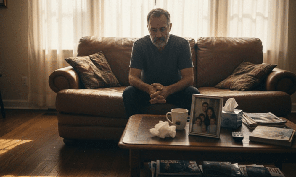 Bereaved man sitting quietly in living room