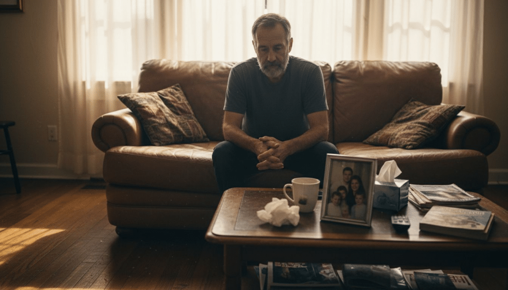 Bereaved man sitting quietly in living room