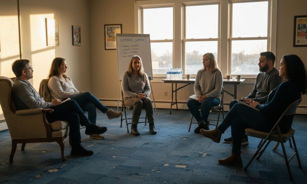 Group therapy session in a well-lit room, featuring six participants engaged in discussion, with a whiteboard displaying "WEEKLY SUPPORT" and water bottles on a table, illustrating community healing and support for mental health.