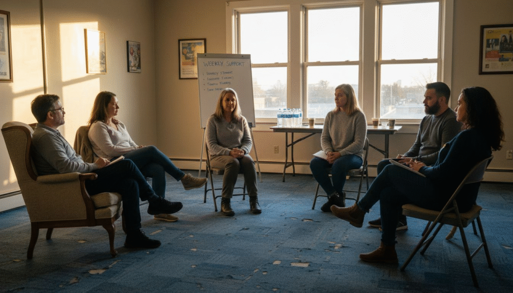 Support group session in a bright room, six participants seated in a circle, discussing emotional healing and peer support, whiteboard in background listing "Weekly Support" topics, water bottles and coffee cups on table, emphasizing community and therapy in Bergen County.