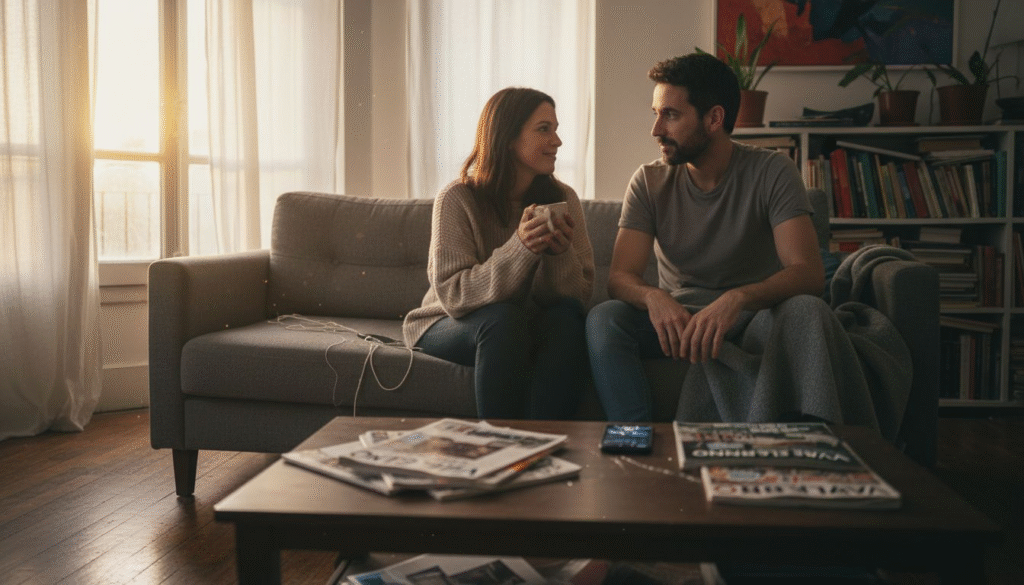Couple engaging in conversation on a couch, sharing a warm moment with a coffee cup, surrounded by a cozy living room setting, relevant to mental health discussions and relationship-building in Bergen County.