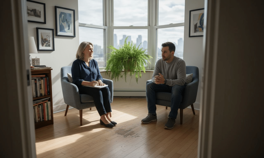 Therapy session in bright corner office