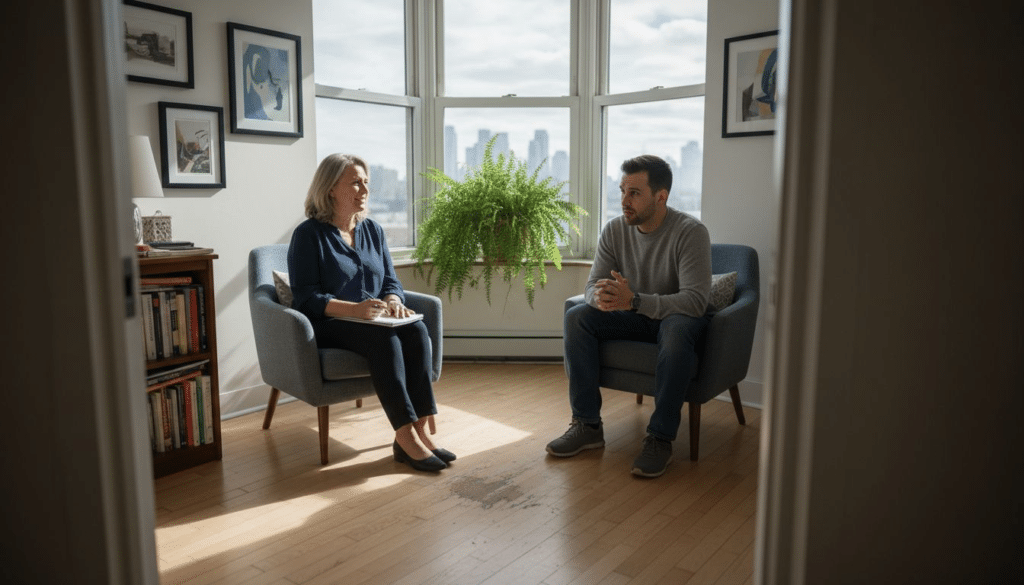 Therapy session in bright corner office