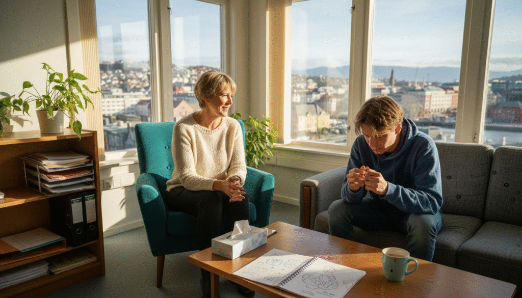 Therapist and teen in a counseling session, discussing mental health in a bright, serene office with a city view, featuring a notebook and tissues on the table.