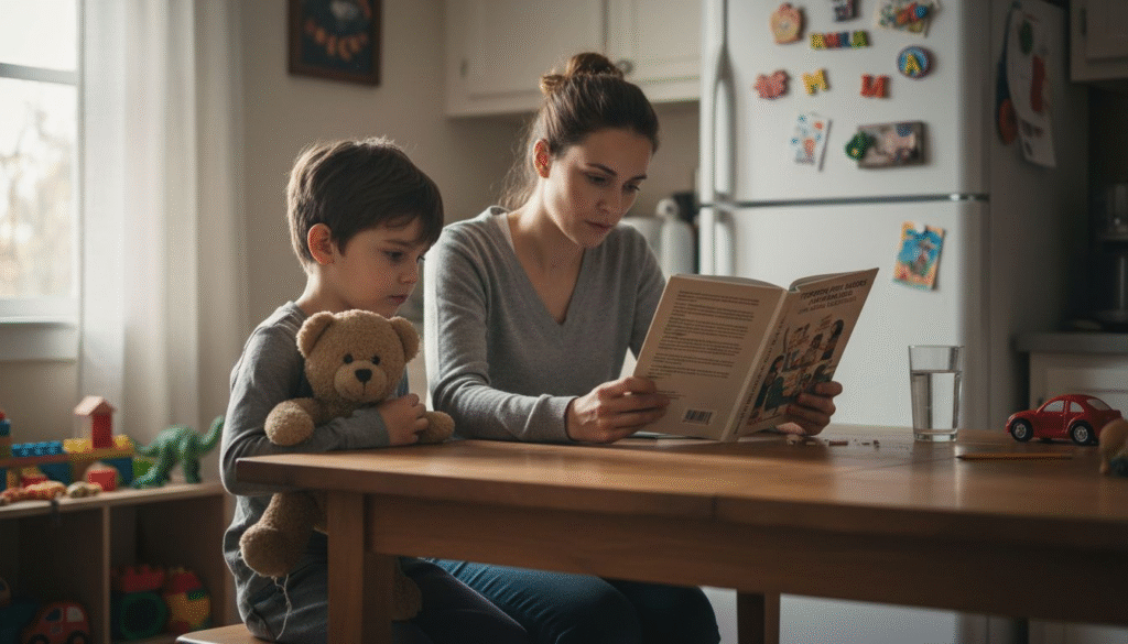Madre leyendo un libro sobre preparaci&oacute;n para terapia con su hijo sosteniendo un oso de peluche, en una cocina iluminada, enfatizando la importancia de la comunicaci&oacute;n familiar y el apoyo emocional en Bergen County.