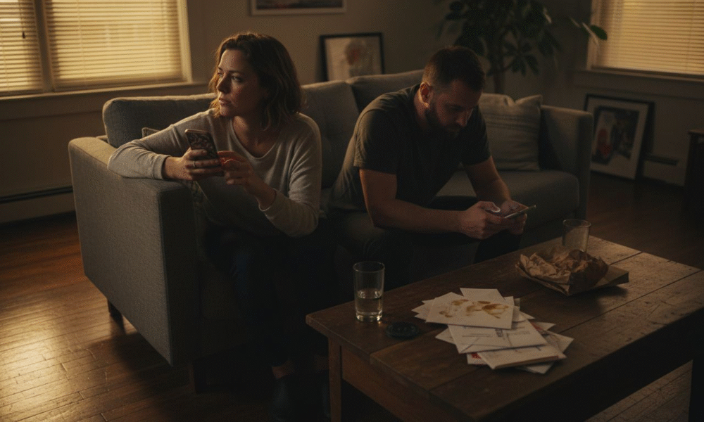 Couple sitting apart on a couch, engaged with their smartphones, surrounded by scattered envelopes and a glass of water, illustrating emotional distance in relationships affected by trauma.