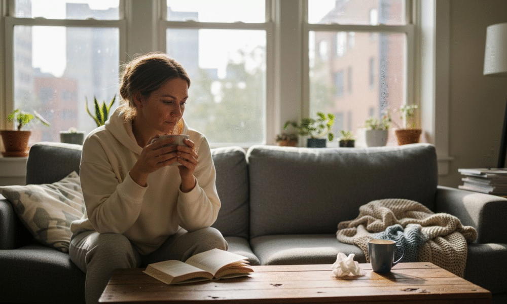 Woman sitting on a couch in a cozy living room, holding a cup, with an open book on a wooden table, reflecting on emotional healing and trauma bonding.