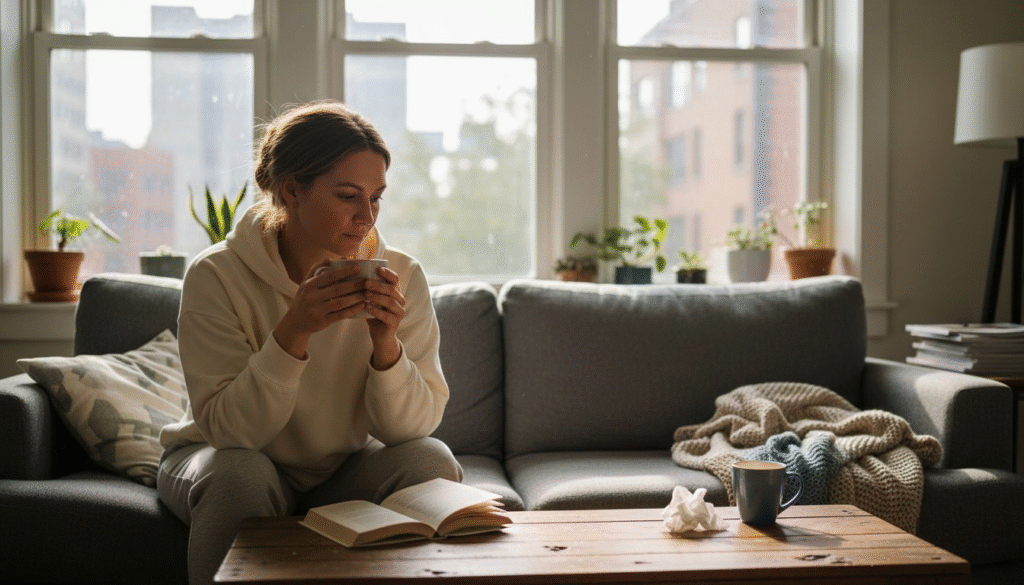 Woman in cozy attire holding a mug, sitting on a couch with a book, surrounded by plants and a warm, inviting living room atmosphere, reflecting themes of emotional health and wellness.