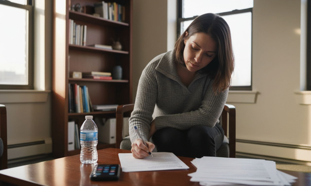 Woman sitting at a table in a therapy setting, writing notes on a paper, water bottle and smartphone nearby, emphasizing preparation for therapy.