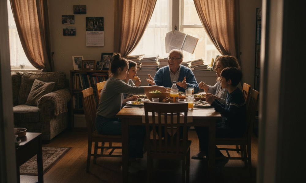 Family gathering around a dining table sharing a meal, emphasizing communication and connection, highlighting the importance of family dynamics for emotional well-being.