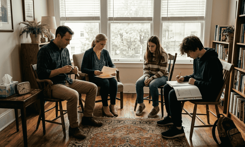 Family therapy session with four members seated in a circle, engaging in discussion and reflection, in a cozy room with natural light, emphasizing communication and connection.