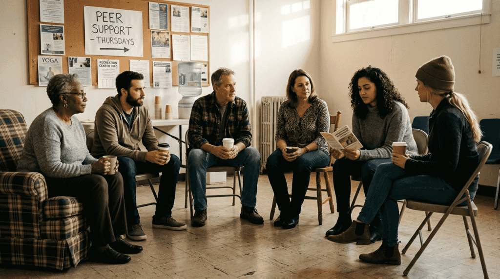 Group of diverse individuals in a recreation center participating in a peer support meeting, discussing mental health topics, with a focus on community support and awareness.