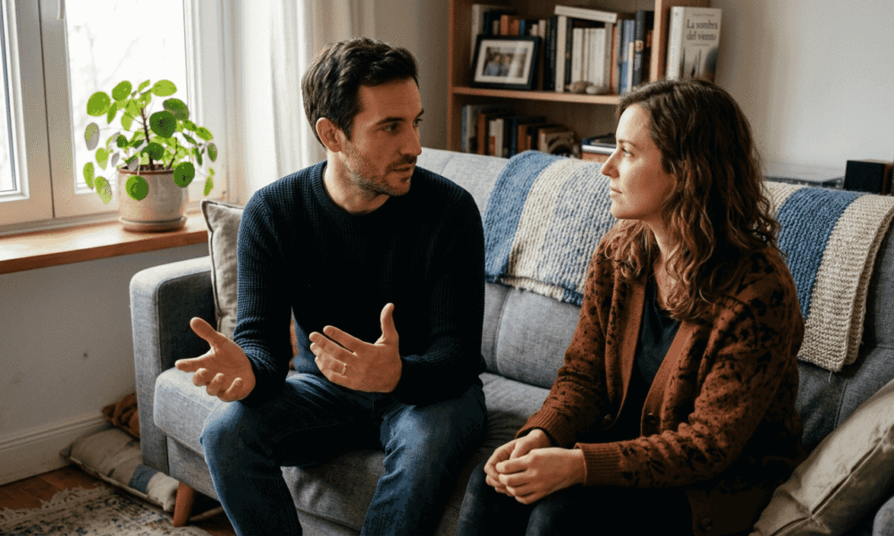 Pareja conversando en sala iluminada, discutiendo desacuerdos y fortaleciendo la conexión emocional, con plantas y libros de fondo.