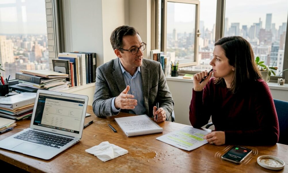 Two colleagues discussing conflict resolution strategies at an office table, with a laptop, notes, and a city view in the background.