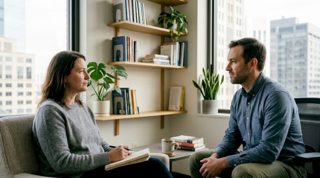 Woman and therapist engaged in conversation in a cozy office setting, emphasizing therapeutic dialogue and mental health support.