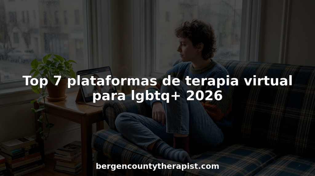 Person attending virtual therapy session at home, featuring a laptop and cozy living room setting, related to LGBTQ+ mental health resources for 2026.
