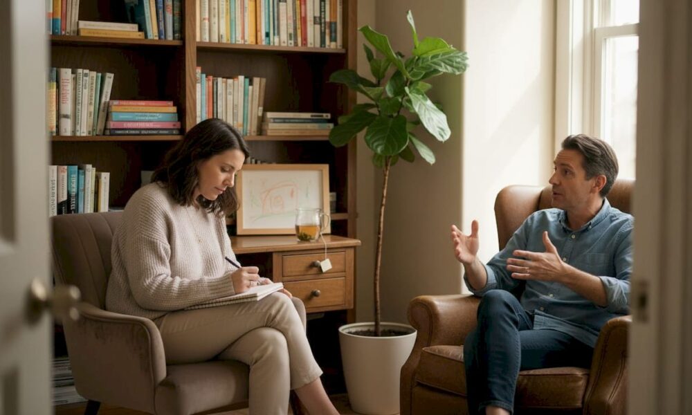 In-person psychotherapy session with a therapist and client discussing narrative therapy concepts in a cozy, book-filled office.