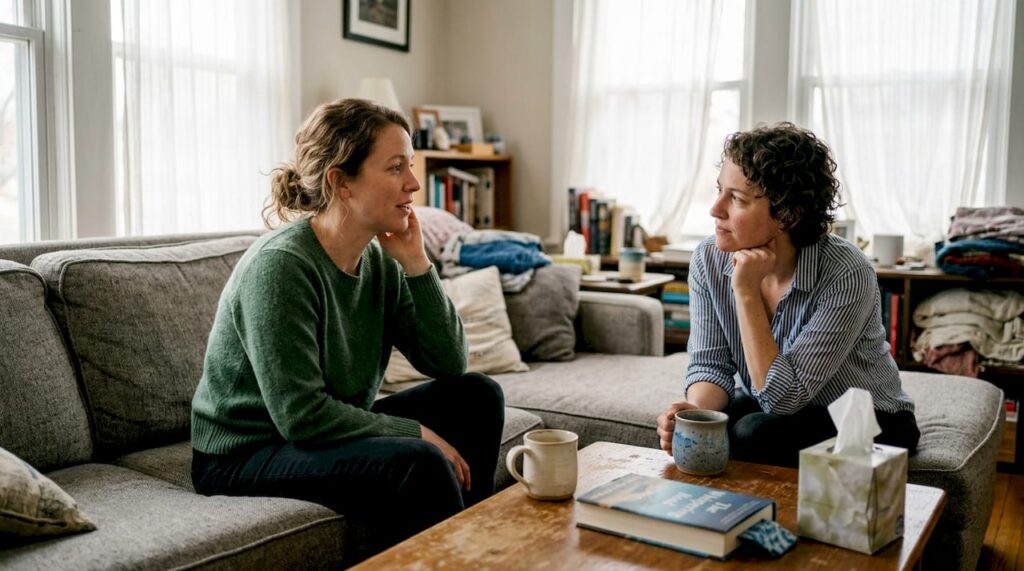 Two women engaged in a serious conversation in a cozy living room, discussing emotional wellness and support, with coffee mugs and books on the table, reflecting themes of therapy and mental health.
