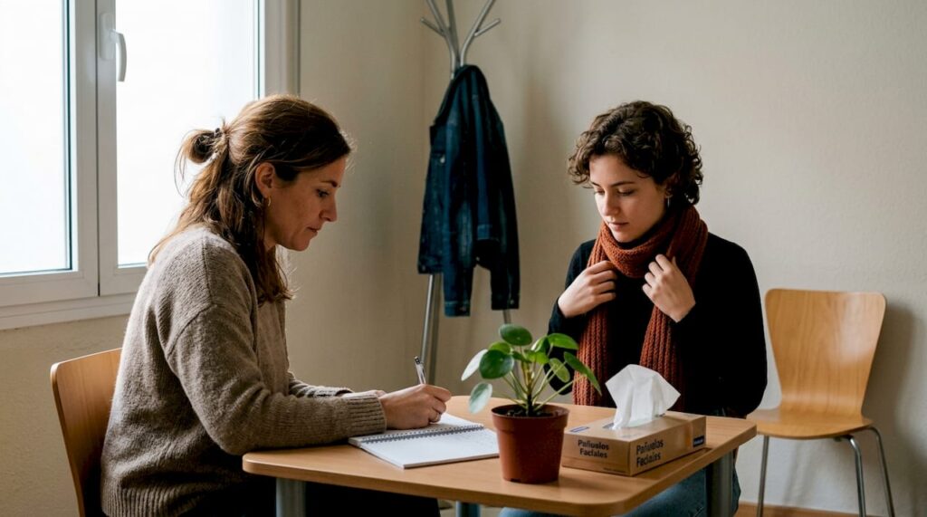 Mujer terapeuta tomando notas durante consulta psicológica con paciente en oficina luminosa, enfocada en sanar heridas emocionales y bienestar mental.