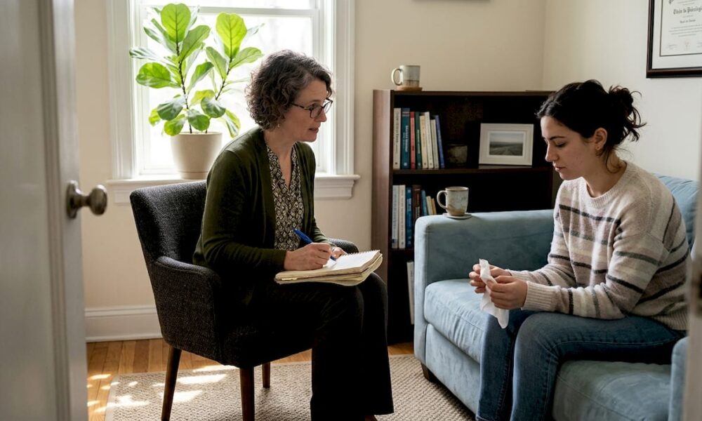 Terapeuta conversando con paciente en oficina acogedora, promoviendo sanaci&oacute;n de heridas emocionales y bienestar mental.