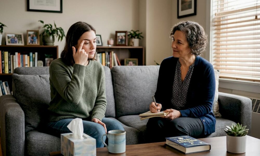 Therapist observing client practicing Emotional Freedom Techniques (EFT) tapping in a cozy therapy session.