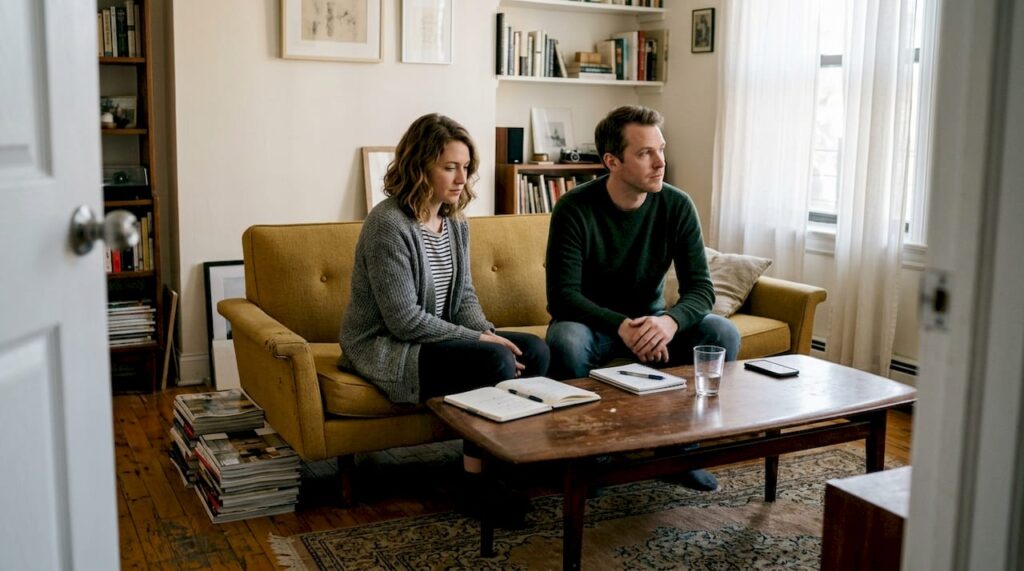 Couple discussing relationship patterns in a cozy living room, seated on a yellow couch with notebooks and a glass of water on the coffee table, surrounded by bookshelves.