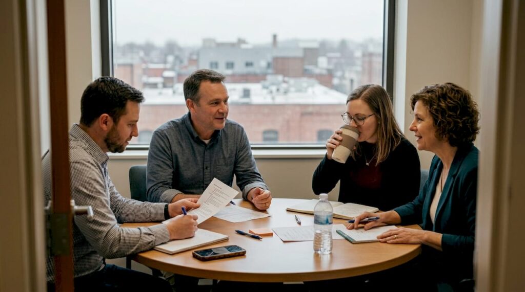 Clinicians discussing therapy notes around a meeting table, focusing on collaborative learning and supervision in a professional office setting.