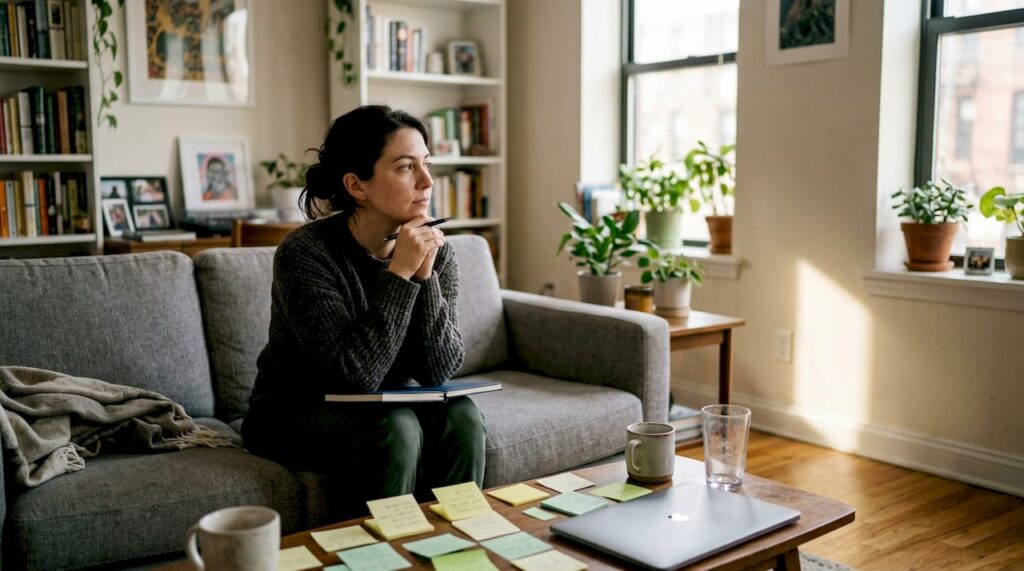 Woman journaling in calming living room, reflecting on emotional healing and recovery, surrounded by plants and organizing thoughts on sticky notes.