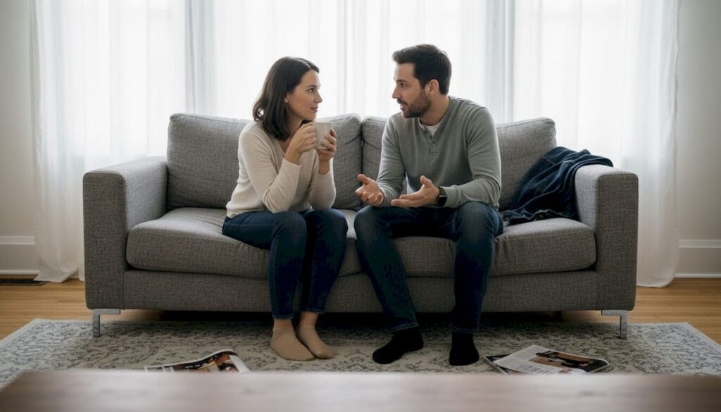 Couple engaged in conversation on a couch, discussing mental health and wellness, with magazines on the floor, in a cozy living room setting.