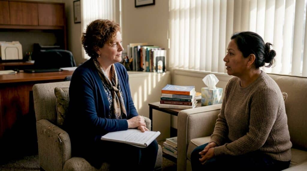Therapist and client in Bergen County counseling office