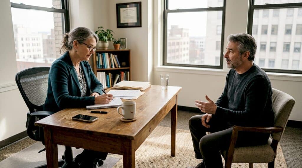Psicólogo revisando el historial de sus pacientes en su consulta