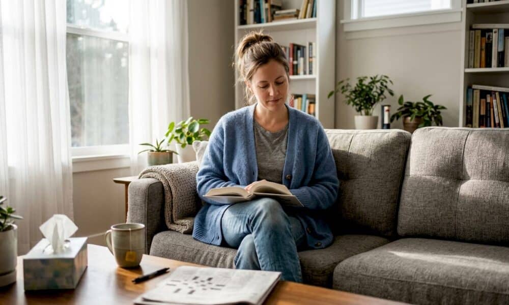Woman quietly reflecting in living room