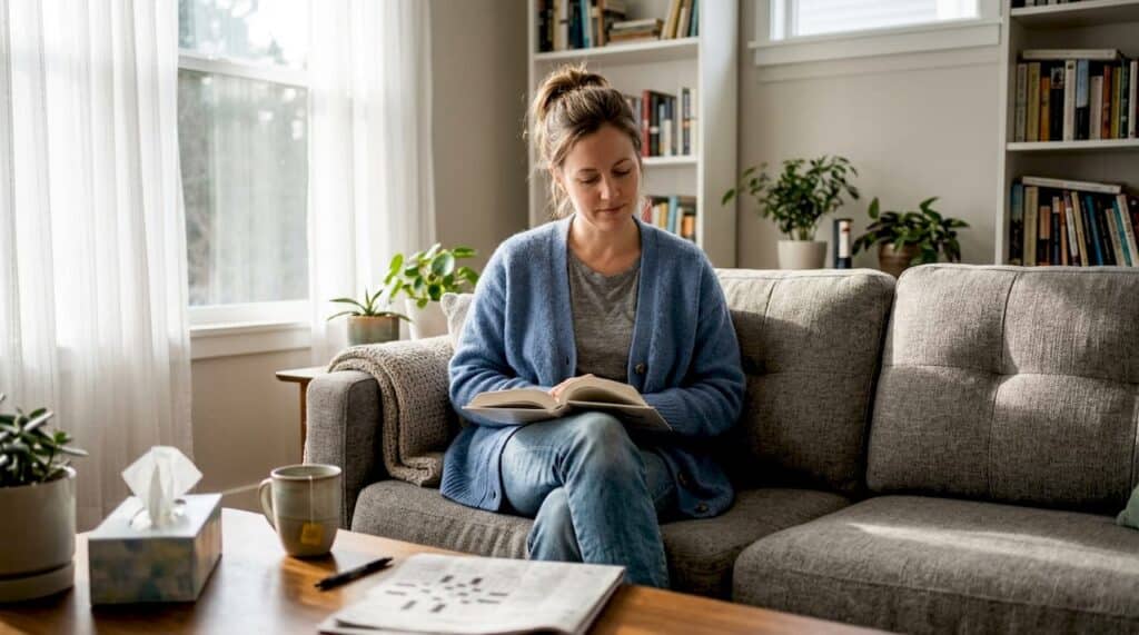 Woman quietly reflecting in living room