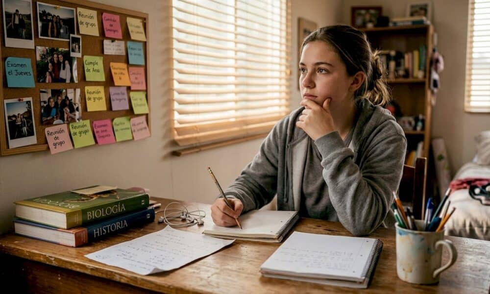 Adolescente escribiendo en su diario, rodeado del desorden t&iacute;pico de su habitaci&oacute;n.