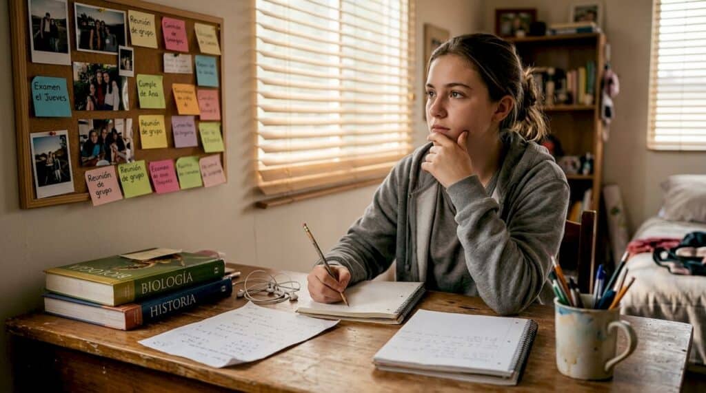 Adolescente escribiendo en su diario, rodeado del desorden típico de su habitación.