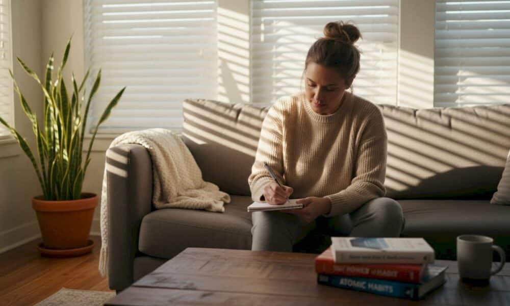 Woman writing in journal on sunny living room couch