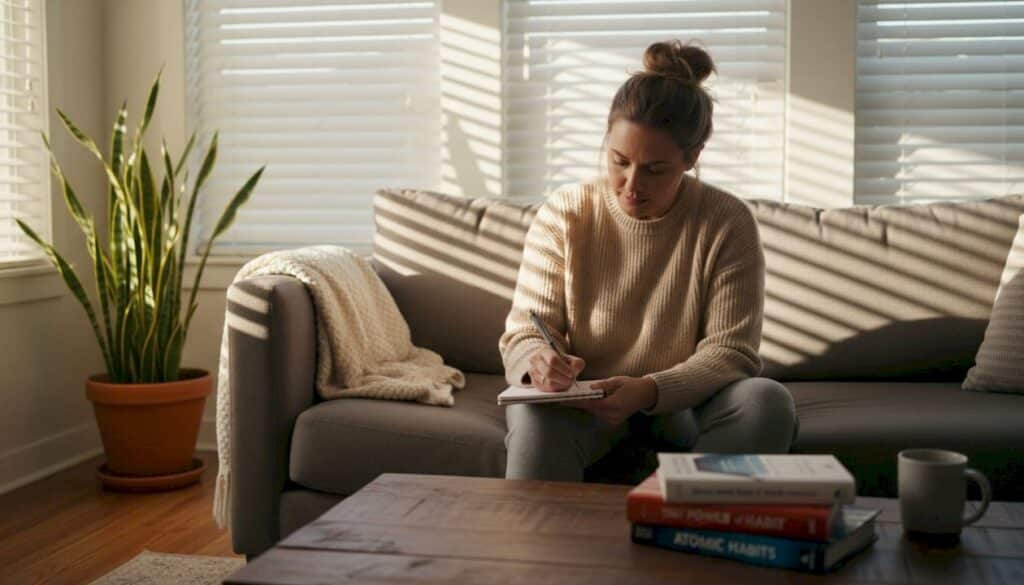 Woman writing in journal on sunny living room couch