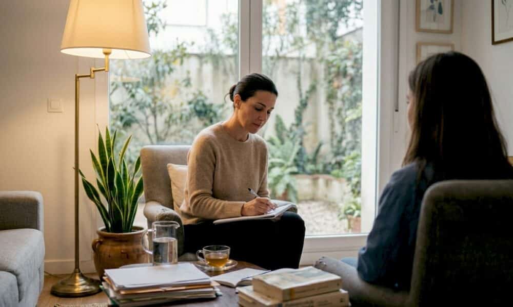 El terapeuta atiende con atención a su paciente durante la sesión.