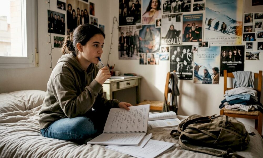 Chica adolescente concentrada haciendo su tarea en el cuarto