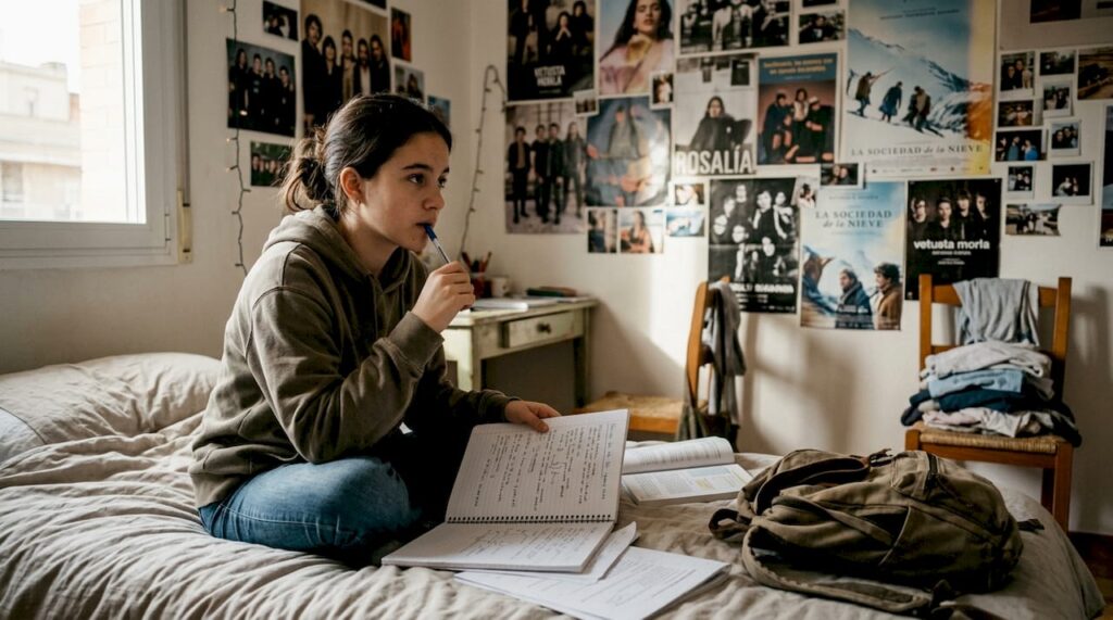 Chica adolescente concentrada haciendo su tarea en el cuarto