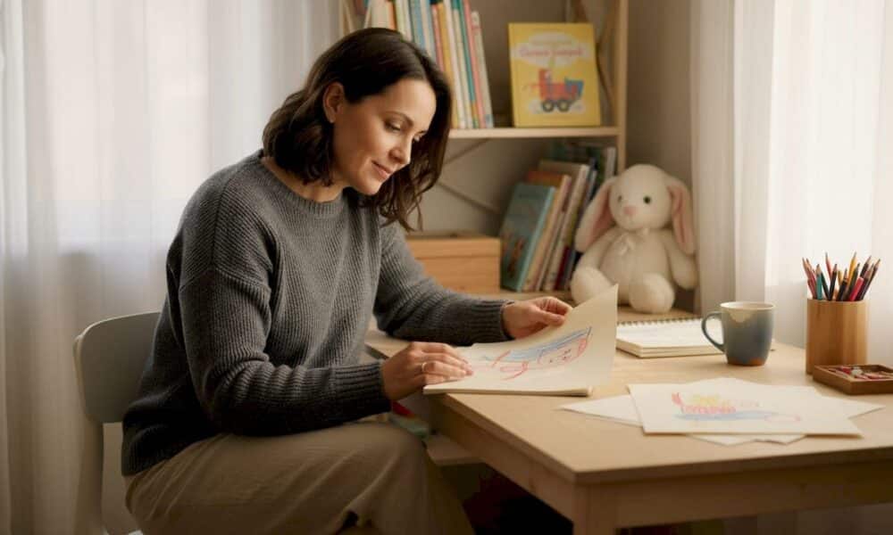 Child psychologist reviewing drawing in home office